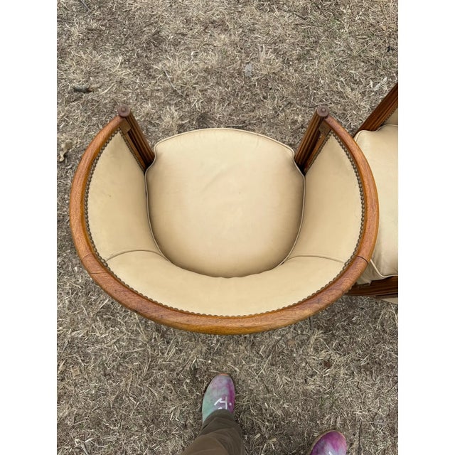 1940s French Art Deco Leather Solid Mahogany Barrel Back Club Chairs - A Pair For Sale - Image 4 of 12