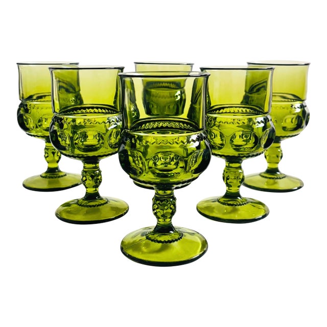 Indiana Glass Green Kings Crown Wine Goblets - Set of 6 For Sale