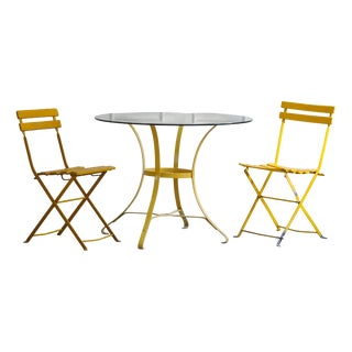 French Iron and Glass Garden Table with Folding Chairs, 1960, Set of 3 For Sale