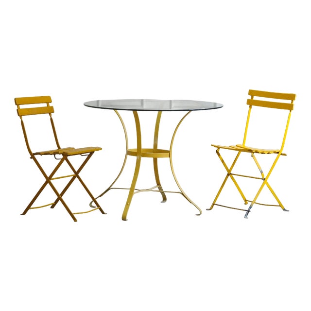 French Iron and Glass Garden Table with Folding Chairs, 1960, Set of 3 For Sale