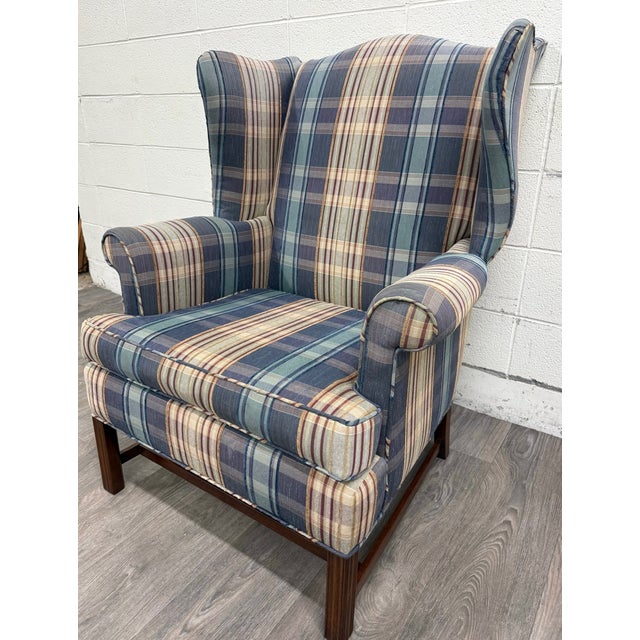 Traditional Vintage Wingback Plaid Upholstered Armchair For Sale - Image 3 of 11