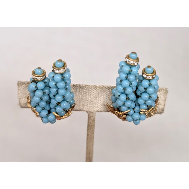 1950s Vintage 1950s Signed Hattie Carnegie Goldtone Faux-Turquoise Beaded Clip Earrings-2 Pieces For Sale - Image 5 of 7