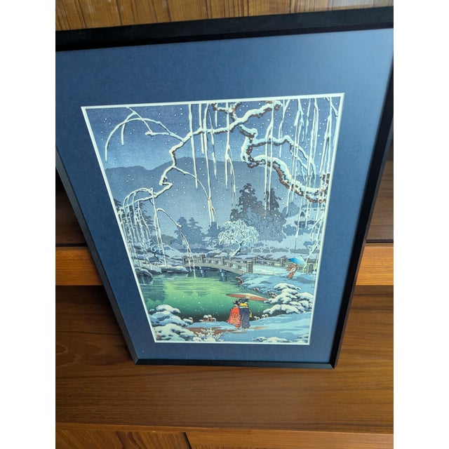 Mid-Century Modern Vintage Tsuchiya Kōitsu Woodblock Print "Snow at Miyajima" — 1986 Sekai-Do Tokyo Framed For Sale - Image 3 of 12