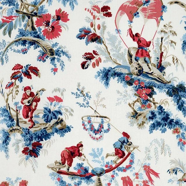 Sample- Schumacher Plaisirs De La Chine Fabric in Bleu & Rouge For Sale