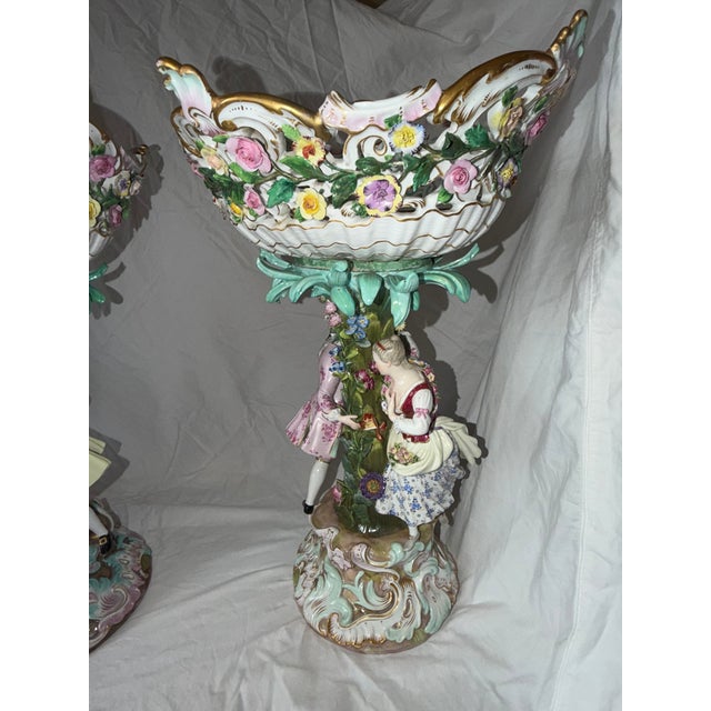 Rococo Monumental Pair of Meissen Rococo Figural Compotes With Applied Floral Garlands, Circa 1900 For Sale - Image 3 of 15