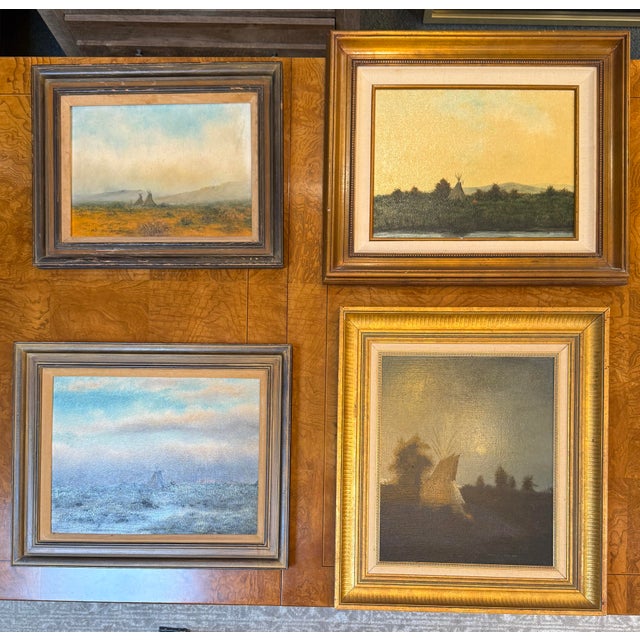 Design Plus Gallery presents a Set of Four Framed Landscape Painting of a Tee-Pee by James Davies. The paintings show the...