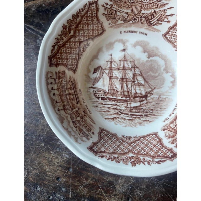 Lovely little berry bowls or dessert bowls, presented in a creamy white with a chocolate brown transferware depicting a...