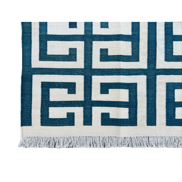 Not Yet Made - Made To Order Handmade Cotton Natural Vegetable Dyed Teal Blue and White Geometric Pattern Rug - 6'x9' For Sale - Image 10 of 11