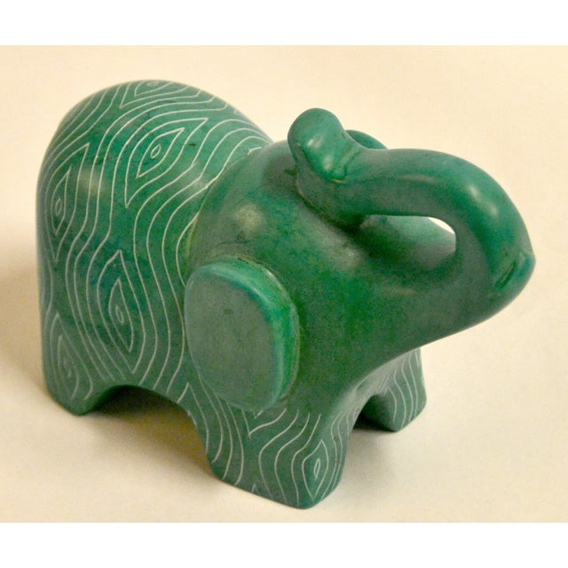 Vintage African Folk Art Carved Soapstone Ocean Green Elephant Figurine Animal For Sale - Image 9 of 13