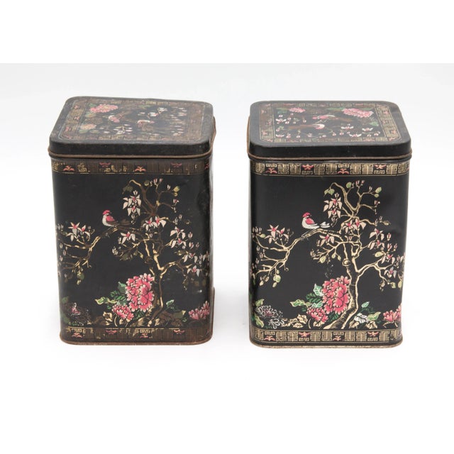 Chinoiserie Antique French Hand Painted Tole Tea Tins Kitchen Canisters - A Pair For Sale - Image 3 of 10