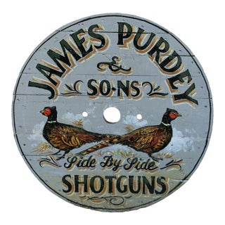 Vintage English Painted Wooden James Purdey Shotguns Pheasants Lodge Pub Sign For Sale