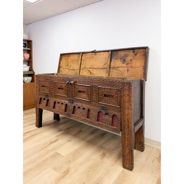 Antique Indian Dowry Chest 19th Century Brass Studs Iron Medieval Style Console For Sale - Image 12 of 12