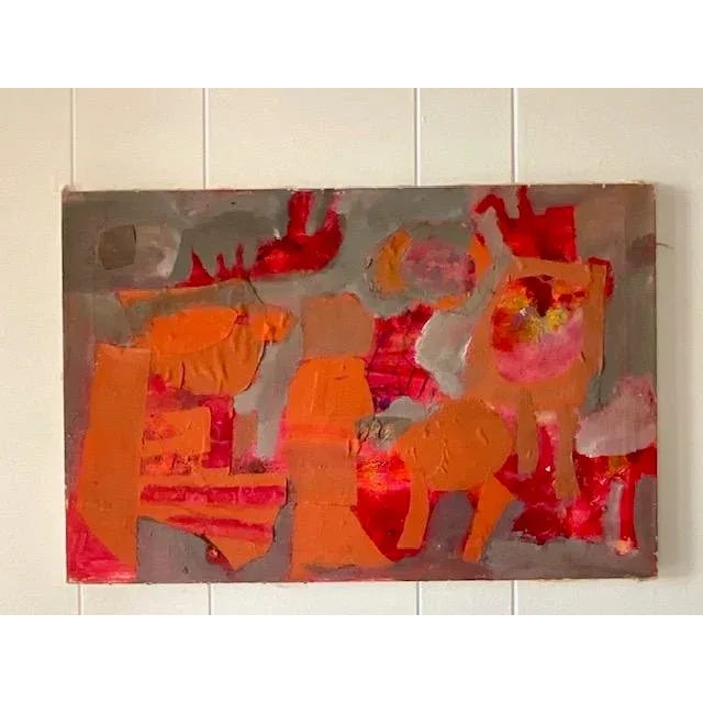 Abstract Vintage Abstract Expressionist Orange & Red Mixed Media Painting For Sale - Image 3 of 10