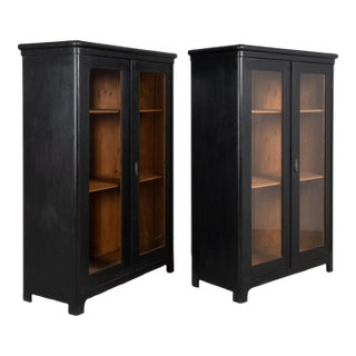 Pair of 20th Century Black Painted Pine Bookcase Display Cabinets For Sale