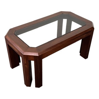 Vintage Italian Coffee Table in Wood with Smoked Glass Top, 1970s For Sale
