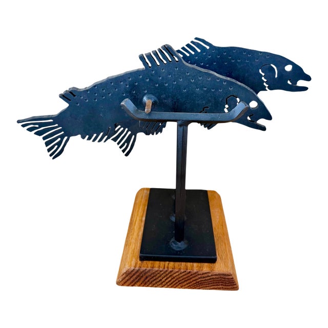 Signed Charles Ringer Kinetic Dual Trout / Salmon Cut Steel Brutalist Fish Sculpture Wood Base 1994 For Sale