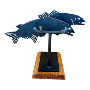 Signed Charles Ringer Kinetic Dual Trout / Salmon Cut Steel Brutalist Fish Sculpture Wood Base 1994