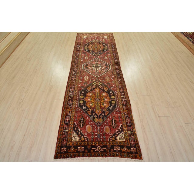 Cabin Sarab Runner 3’9” X 11′ Red Wool Semi-Antique Tribal Hand-Knotted Oriental Rug For Sale - Image 3 of 14
