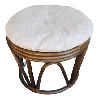 Vintage Bamboo Rattan Round Stool Ottoman With Cushion For Sale