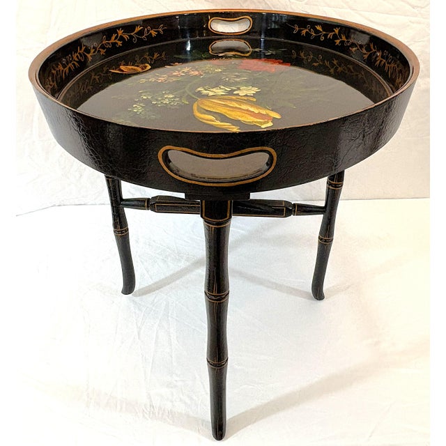 Chinoiserie Late 20th Century Regency Chinoiserie Style Lacquer and Faux Bamboo Folding Tray Table For Sale - Image 3 of 18