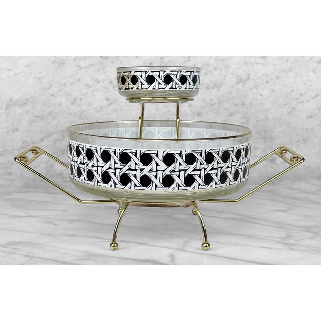 Mid 20th Century Mid-Century Black White Rattan Motif Glass Chip & Dip Serving Bowl Set For Sale - Image 5 of 9