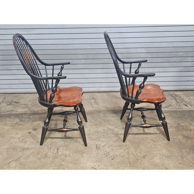 Late 20th Century Pair of Late 20th Century Tiger Maple & Black Continuous Windsor Arm Chairs Bench Made For Sale - Image 5 of 11