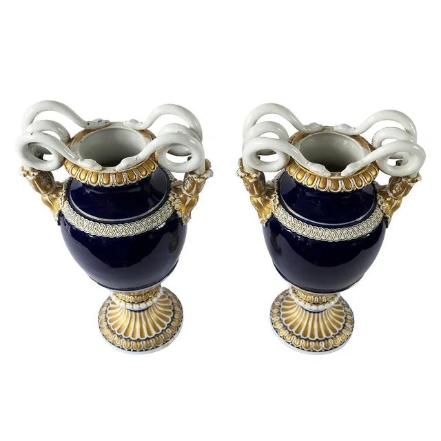 German Cobalt Blue Porcelain Vases by August Leuteritz for Meissen, 1890s, Set of 2 For Sale - Image 4 of 11