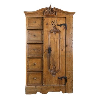 Antique European Pine Cabinet With Drawers and Carved Crest For Sale
