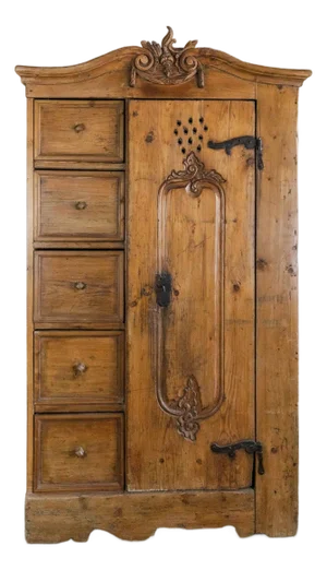 Antique European Pine Cabinet With Drawers and Carved Crest