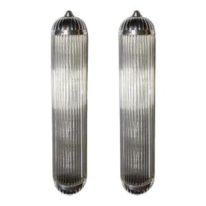 Large Pair Vintage Art Deco Wall Sconces in Nickel Brass & Glass Rod Ship Light