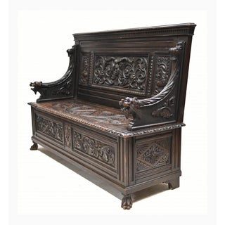 English Monks Bench in Carved Oak, 1880 For Sale