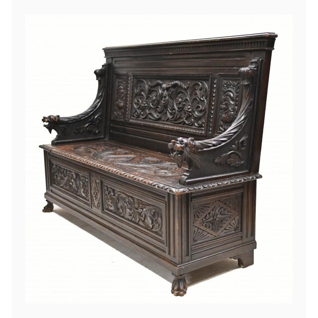 English Monks Bench in Carved Oak, 1880 For Sale