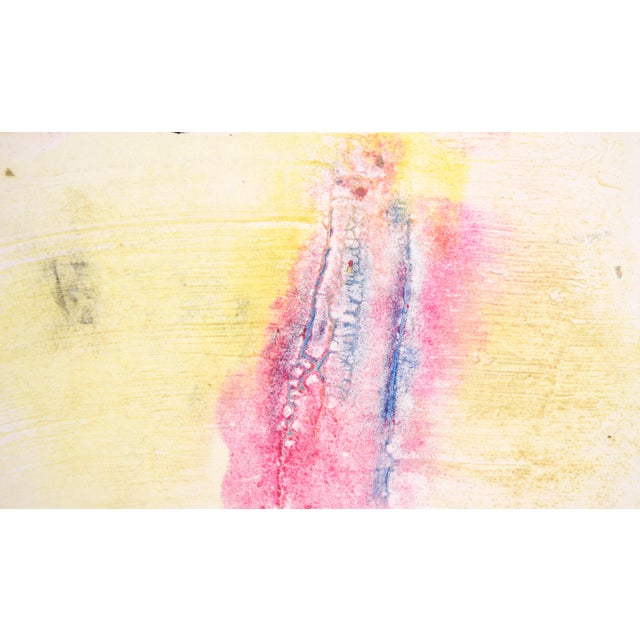 Blue and Pink on Yellow - Textured Transfer Monotype in Oil on Paper by Heather Speck For Sale - Image 4 of 6