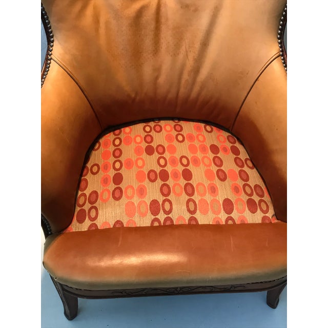 Metal Designer Knoll Upholstered High Wingback Saddle Leather Chair For Sale - Image 7 of 13