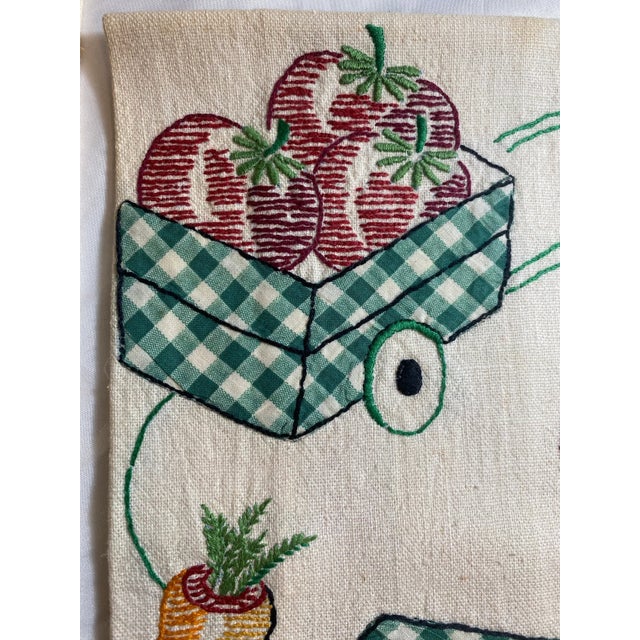 Asian Antique Vintage Linen Tea Towels Set: 1950s Appliqué Veggie Carts, Hand Embroidered - a Pair For Sale - Image 3 of 9