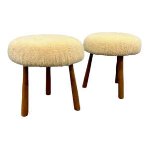 Pair Contemporary Swedish Modern Style Sheepskin Footstools / Ottomans, Beige