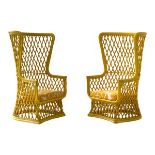Vintage 1970s High-Back Rattan Wingback Lounge Chairs — Sculptural Coastal Mid-Century Modern Pair For Sale