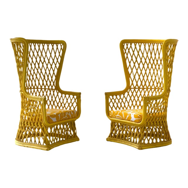 Vintage 1970s High-Back Rattan Wingback Lounge Chairs — Sculptural Coastal Mid-Century Modern Pair For Sale