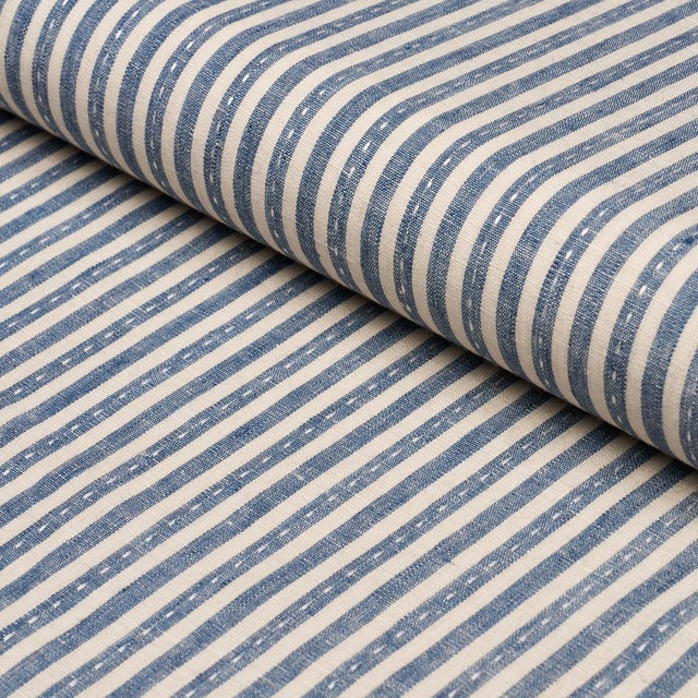 Schumacher Mathis Ticking Stripe Fabric In Indigo For Sale