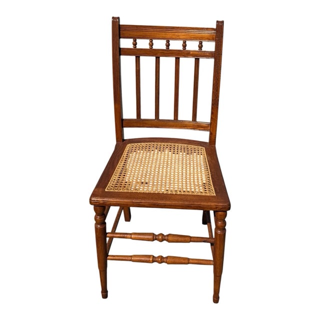 Wood 1920's Victorian American Chestnut Cane Seat Side Desk Chair For Sale - Image 7 of 17