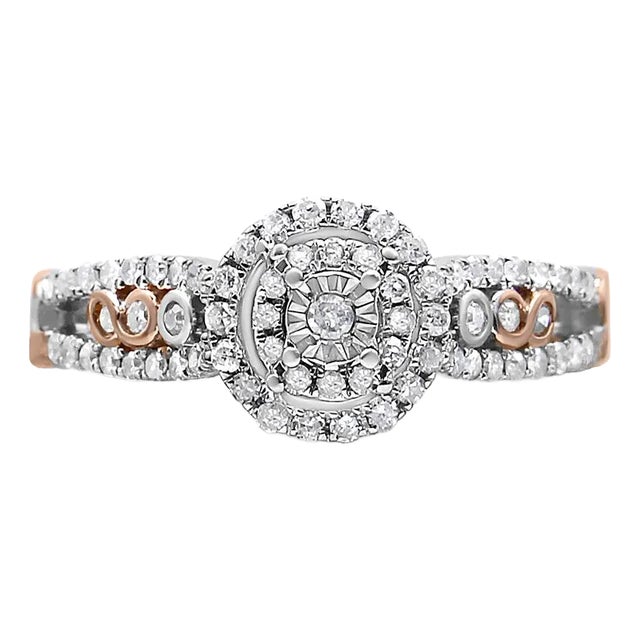 14K Rose Gold Plated .925 Sterling Silver 3/8 Cttw Round Diamond Double Frame Cross-Over Split Shank Engagement Ring - Size 6 For Sale