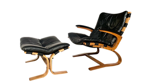 Set of Scandinavian Cantilever Leather Lounge Chair with Ottoman attributed to Elsa & Nordahl Solheim for Rybo Rykken, 1960s