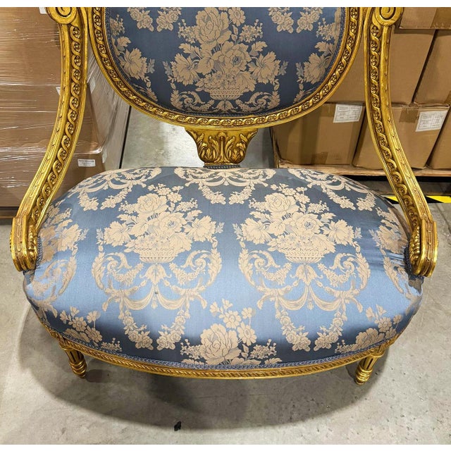 In love with these chairs. Beautiful chair with gold details. Fully refinished in gold leaf and reupholstered using a high...