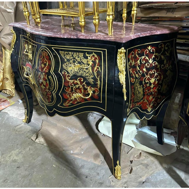 French French Boulle-Inspired Commode – Dark Wood Cabinet With Gilded Ornaments & Two Spacious Drawers For Sale - Image 3 of 4