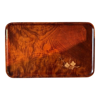 Vintage Japanese Wood Serving Tray With Hand Carved Flowers For Sale