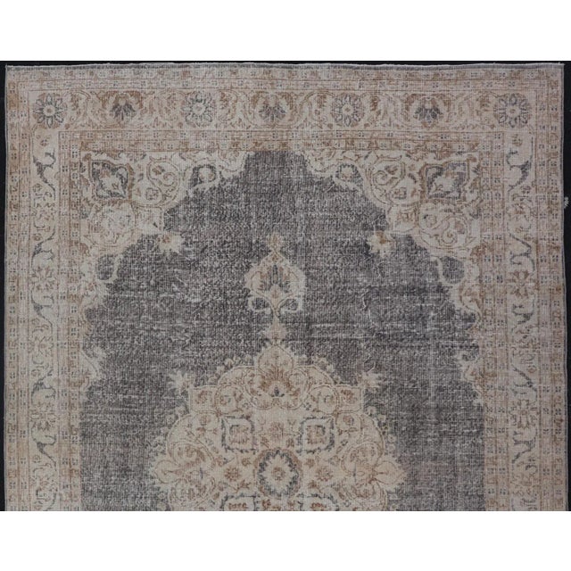 Textile Mid 20th Century Distressed Turkish Carpet With Medallion Design in Dark Gray, Lt. Brown & Cream For Sale - Image 7 of 12
