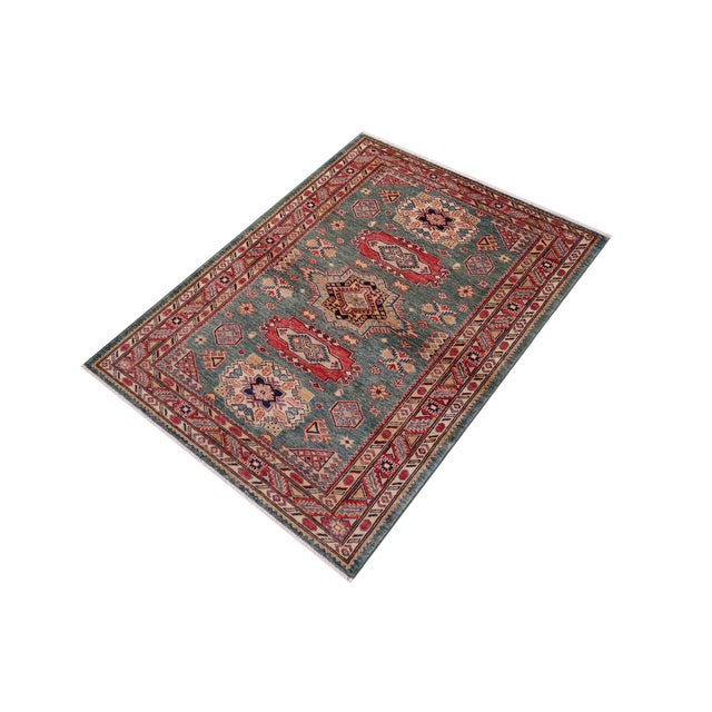 Southwestern Super Kazak Green/Red Wool Rug - 4'2'' X 5'11'' For Sale - Image 9 of 10