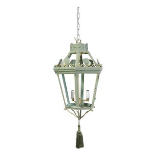 A Vintage “Visual Comfort” Style Iron Celadon Green Chandelier For Sale
