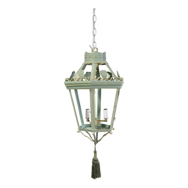 A Vintage “Visual Comfort” Style Iron Celadon Green Chandelier For Sale