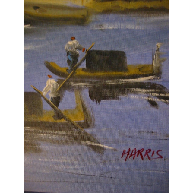 1970s Merchant in Venice Gondola Ride Signed Harris Framed Oil on Canvas For Sale - Image 11 of 18